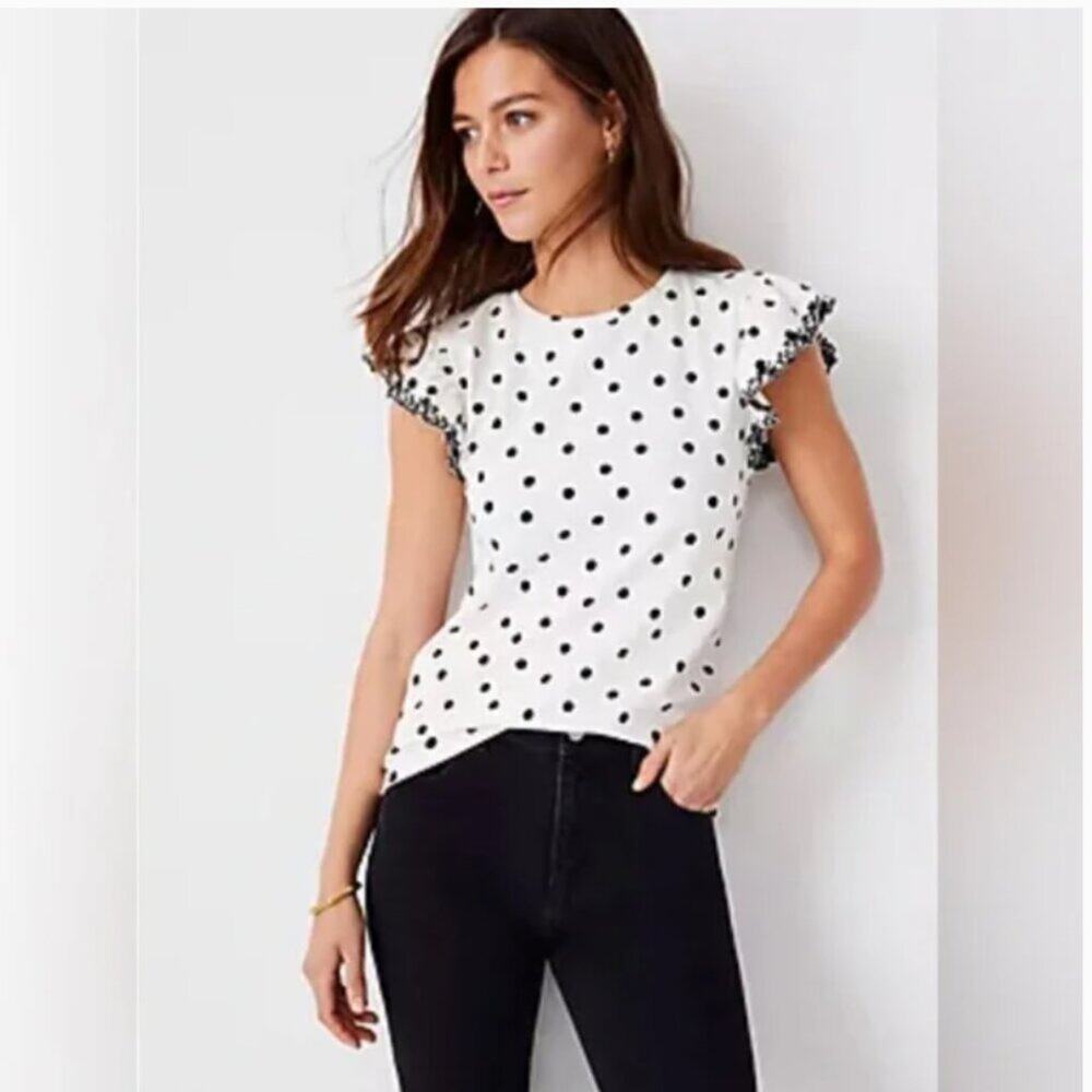 NWT Ann Taylor Polka Dot Tee with Embroidered Flutter Sleeve Top Size SP